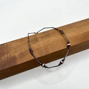 Sterling Silver Bar Link Bracelet Purple Glass Cat Eye Beads Boho Minimalist